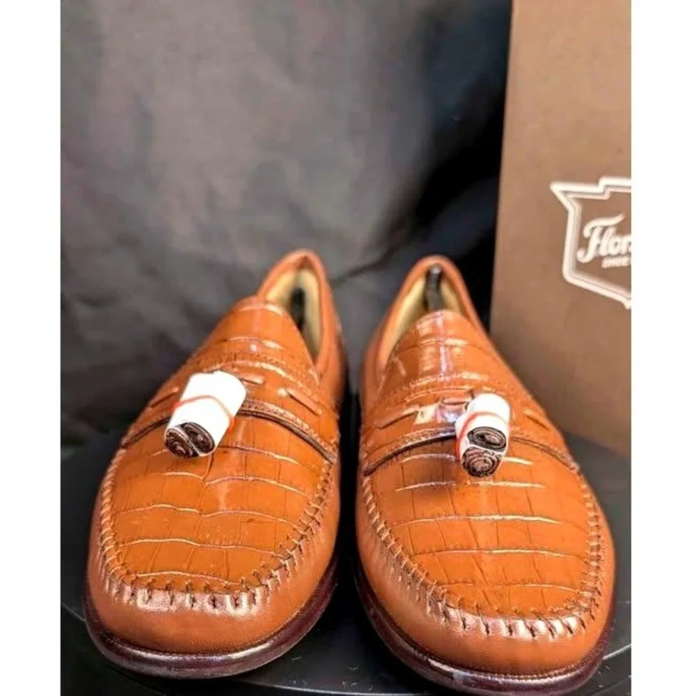 NIB~Florsheim Pisa 18469 Cognac Leather Croc Print Tassel Loafers~Men's Size 8 D